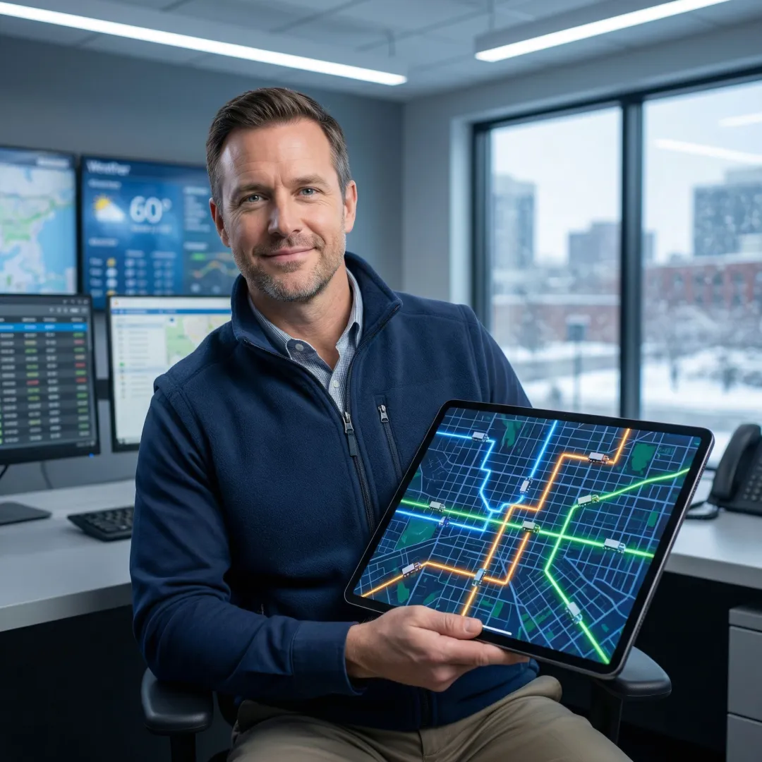 Snow removal crew dispatched via scheduling software on a tablet during a winter storm