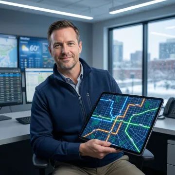 Snow removal crew dispatched via scheduling software on a tablet during a winter storm