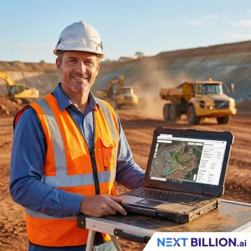 Construction site manager reviewing haul route optimization plan on a laptop at an earthworks site