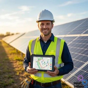 Solar field service technician using route optimization software on a tablet at a solar farm