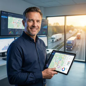 Semi-truck on a highway with route optimization overlay on a tablet screen