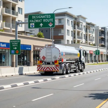 Hazardous material truck navigating a planned compliant route near commercial buildings