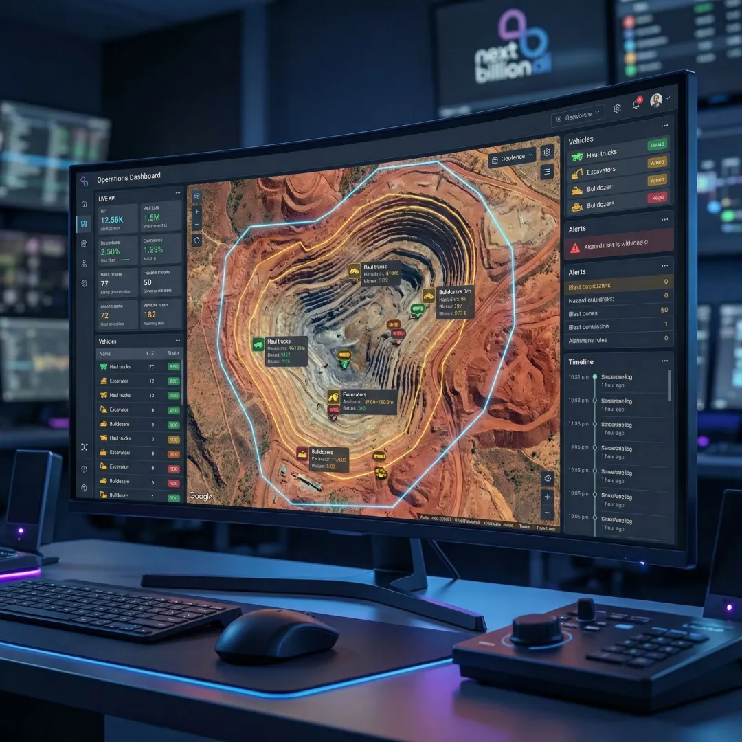 Geofencing software dashboard monitoring vehicles and equipment across an active mining site