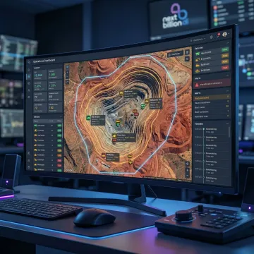 Geofencing software dashboard monitoring vehicles and equipment across an active mining site