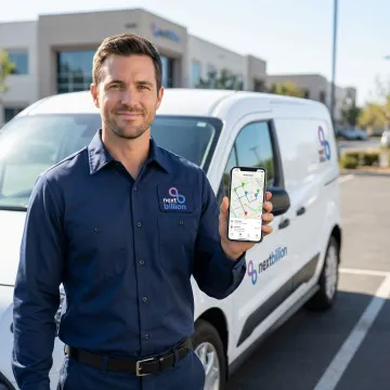 Field service technician receiving optimized route on mobile device before departing for job site