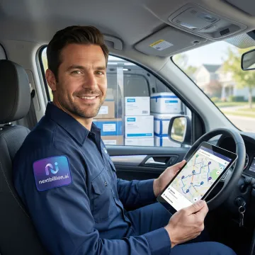 Pharmaceutical logistics vehicle with route optimization dashboard on tablet