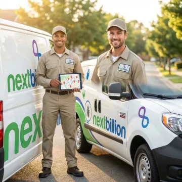 Pest control technician reviewing an optimized route map on a tablet before starting service calls