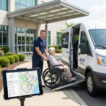 NEMT driver assisting a medical transport patient into a wheelchair-accessible van with optimized route on tablet