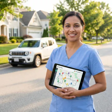 Home healthcare caregiver using a route optimization app on a tablet while preparing for patient visits