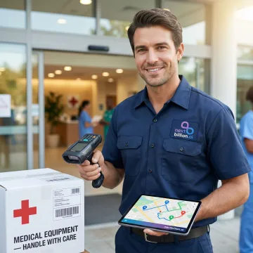 Medical equipment delivery driver scanning a package outside a hospital with a route map displayed on a tablet