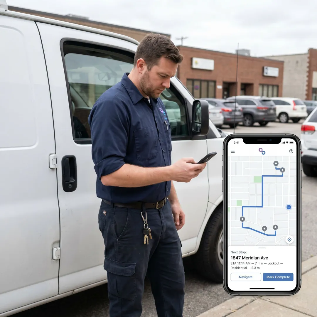 Mobile locksmith technician receiving optimized route