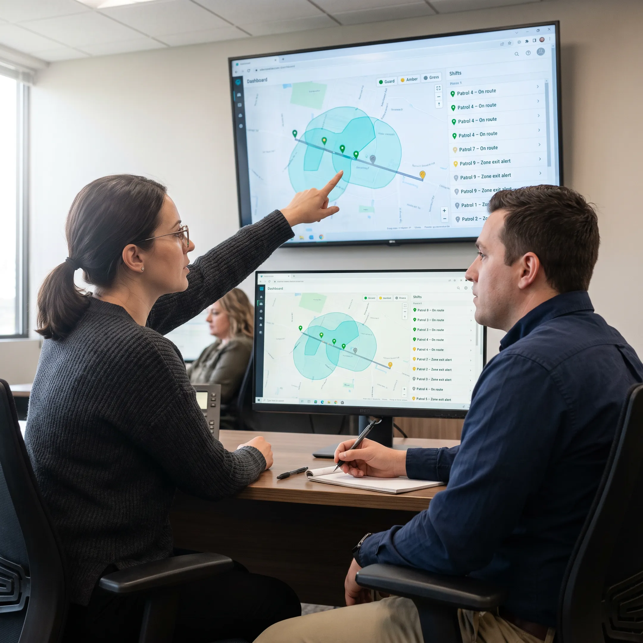 Security operations team reviewing patrol routes and mobile guard locations on a dispatch map