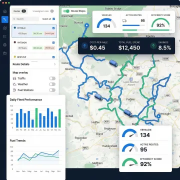 Truck fleet route optimization interface showing fuel-efficient paths on a map