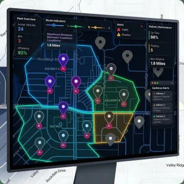 Developer integrating geofencing API on a logistics dashboard showing virtual boundary zones on a map