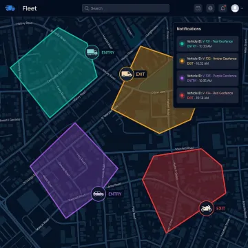 Fleet operations screen showing geofence zones triggering automated delivery confirmation alerts