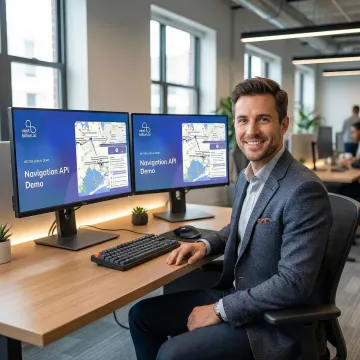 Developer integrating a route planning API for logistics navigation on a laptop with a digital map displayed