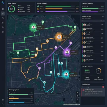 Last mile delivery software dashboard showing optimized routes and live driver locations on a map