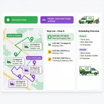 Lawn care crew routing and scheduling software dashboard showing optimized routes on a map