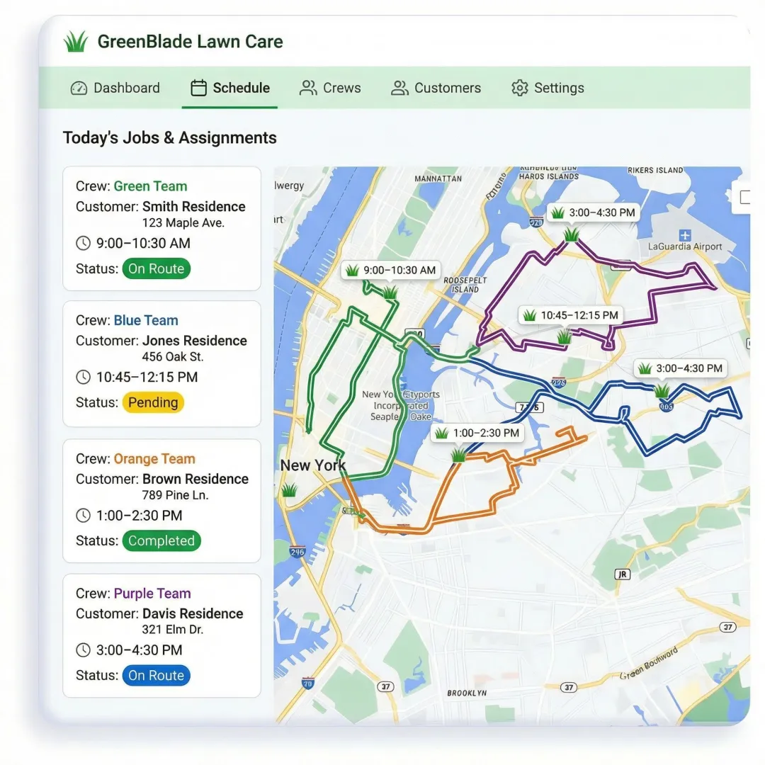 Lawn care scheduling software showing crew routes and job assignments on a map interface