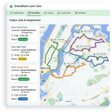 Lawn care scheduling software showing crew routes and job assignments on a map interface