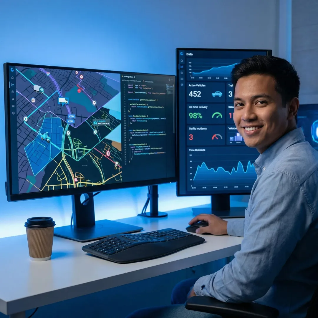 Developer integrating geospatial APIs on a logistics dashboard with live map overlays