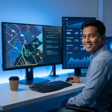 Developer integrating geospatial APIs on a logistics dashboard with live map overlays