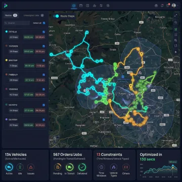 Enterprise logistics platform showing geospatial API integration with live fleet tracking and route optimization