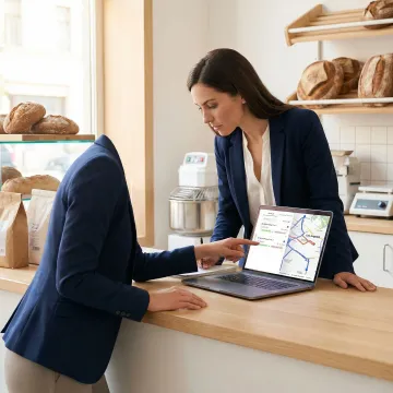 Bakery operations manager reviewing optimized delivery routes on a laptop dispatch dashboard