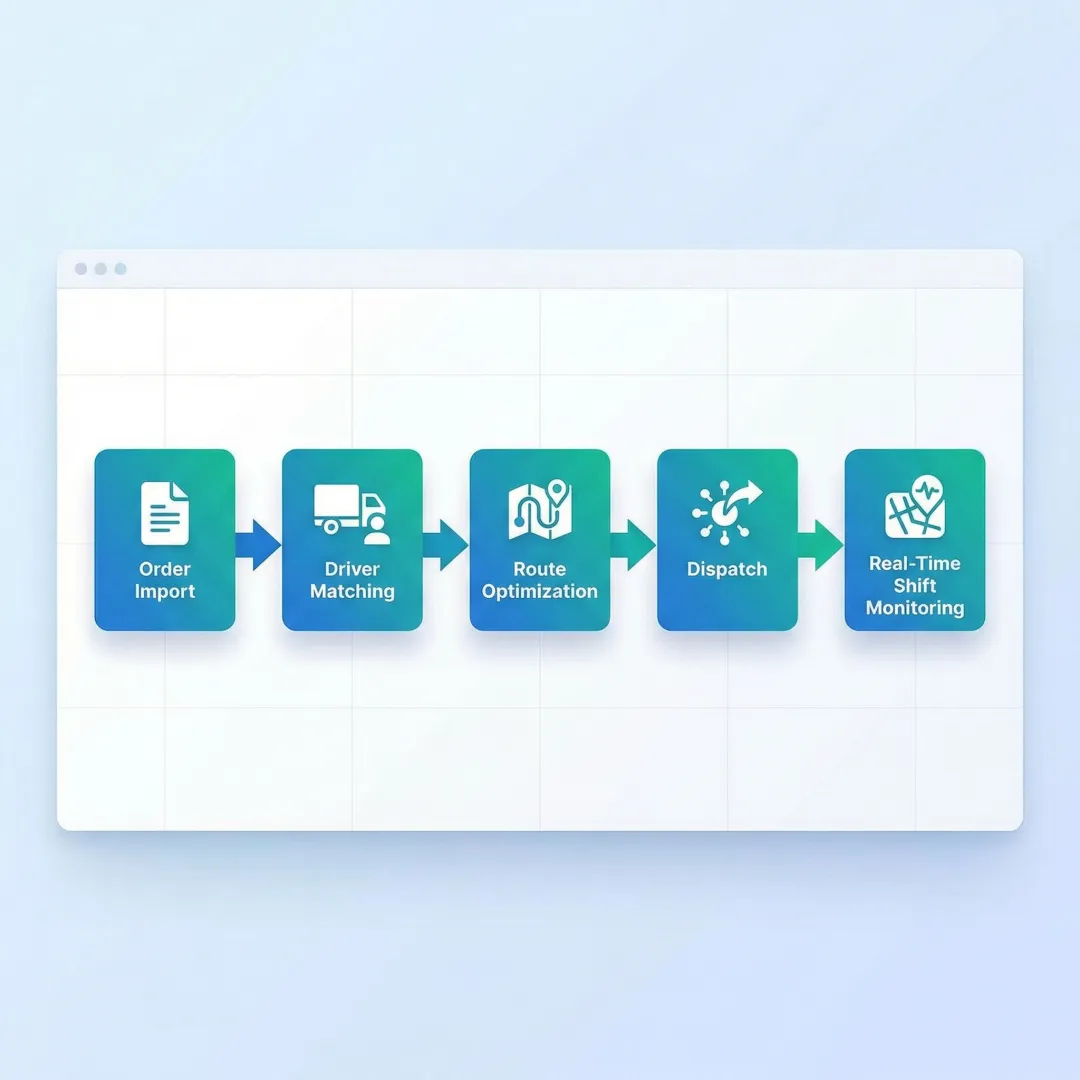 Step-by-step driver assignment workflow shown on a logistics operations platform