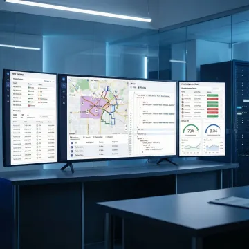 Logistics planner reviewing AI-optimized multi-stop routes on a dispatch console