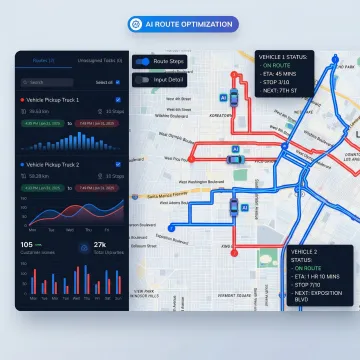 AI-powered logistics routing software dashboard showing optimized multi-stop delivery routes on a map