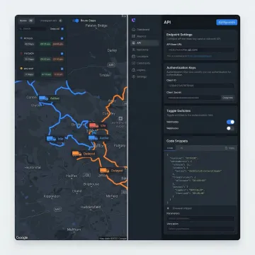 NextBillion.ai Maps API interface showing logistics route optimization and fleet tracking