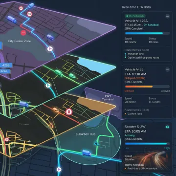 Enterprise Maps API dashboard showing live fleet tracking and route visualization