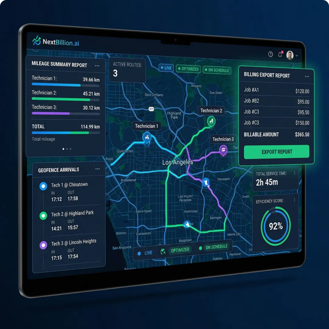 GPS fleet tracking dashboard showing technician routes, mileage totals, and job timestamps for billing
