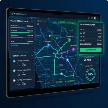 GPS fleet tracking dashboard showing technician routes, mileage totals, and job timestamps for billing