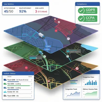 GDPR and CCPA compliant mapping API dashboard showing route optimization and fleet tracking