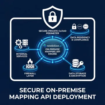 Privacy-compliant mapping API architecture diagram showing on-premise deployment and data residency