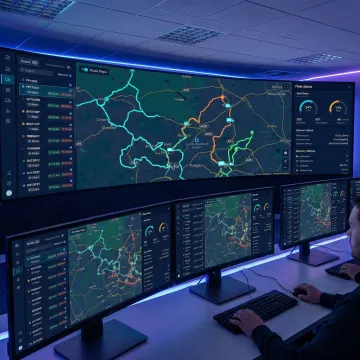 Fleet technology integration platform dashboard showing live vehicle tracking and route optimization for logistics operations