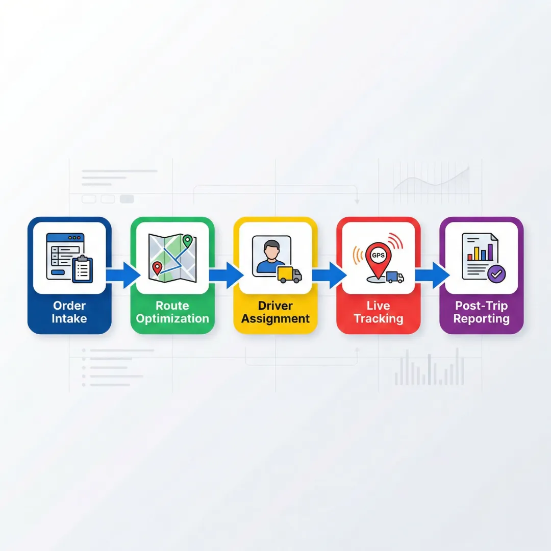 Step-by-step truck dispatch automation workflow from order ingestion to route completion