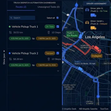 Truck dispatch automation dashboard showing optimized routes and live fleet tracking