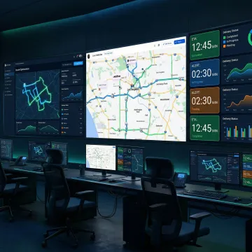 Fleet route planning software dashboard showing real-time ETA alerts and optimized multi-stop routes on a live map.