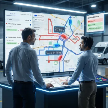 Logistics dispatcher reviewing optimized fleet routes and live ETA alerts on a route planning software interface.