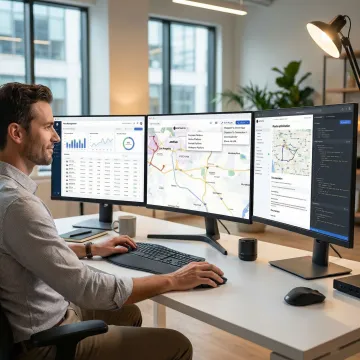 Developer integrating a dispatch API on a laptop with a fleet management dashboard showing live vehicle routes