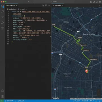 Step-by-step Directions API integration workflow showing route computation from origin to destination on a developer console