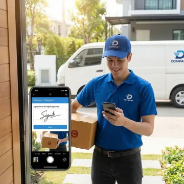 Logistics driver completing a digital proof of delivery on a mobile device at a customer doorstep