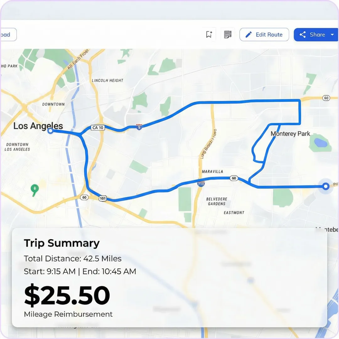 Field employee trip mileage report with road-snapped GPS route visualization