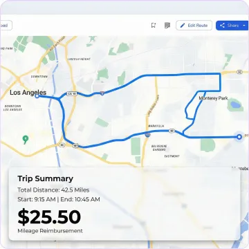 Field employee trip mileage report with road-snapped GPS route visualization