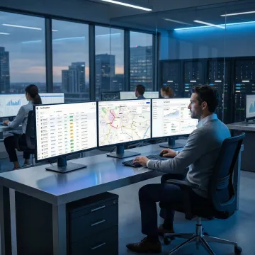 Dispatcher using real-time dispatch software on a screen showing live fleet routes and driver assignments
