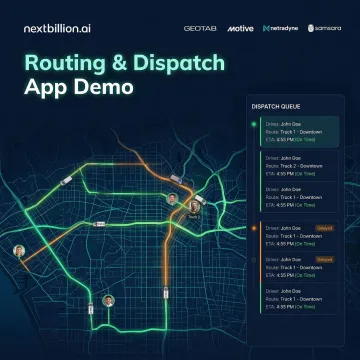 Last-mile delivery dispatch platform showing optimized routes and real-time driver tracking on a logistics dashboard