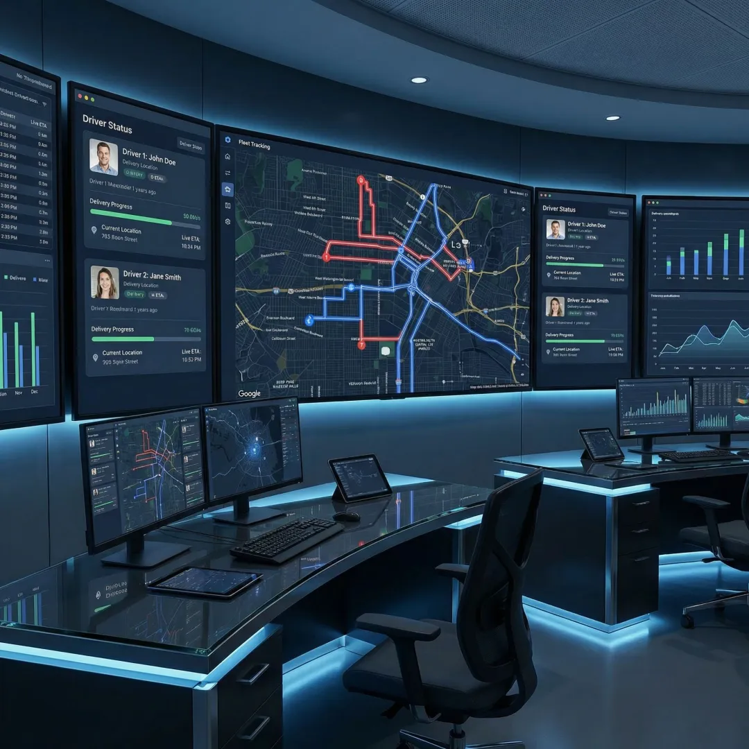 Logistics operations center with dispatch screens showing live delivery routes and fleet tracking for last-mile delivery